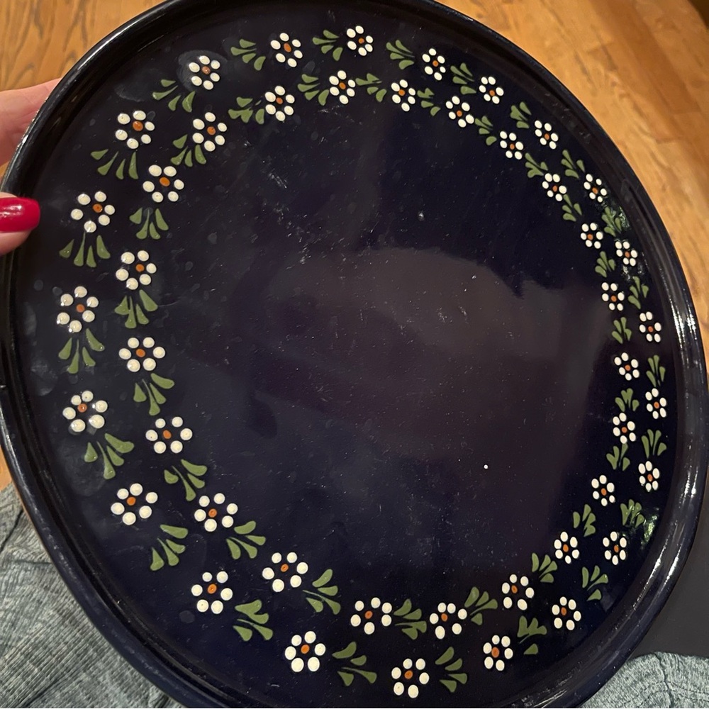 German Handarbeit Art Pottery Terracotta Platter Plate 12.25" Cobalt Vintage